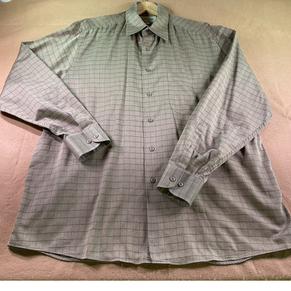 Pronto Uomo Dress Shirt Mens Large Beige Windowpane Check 100% Cotton L/S Button